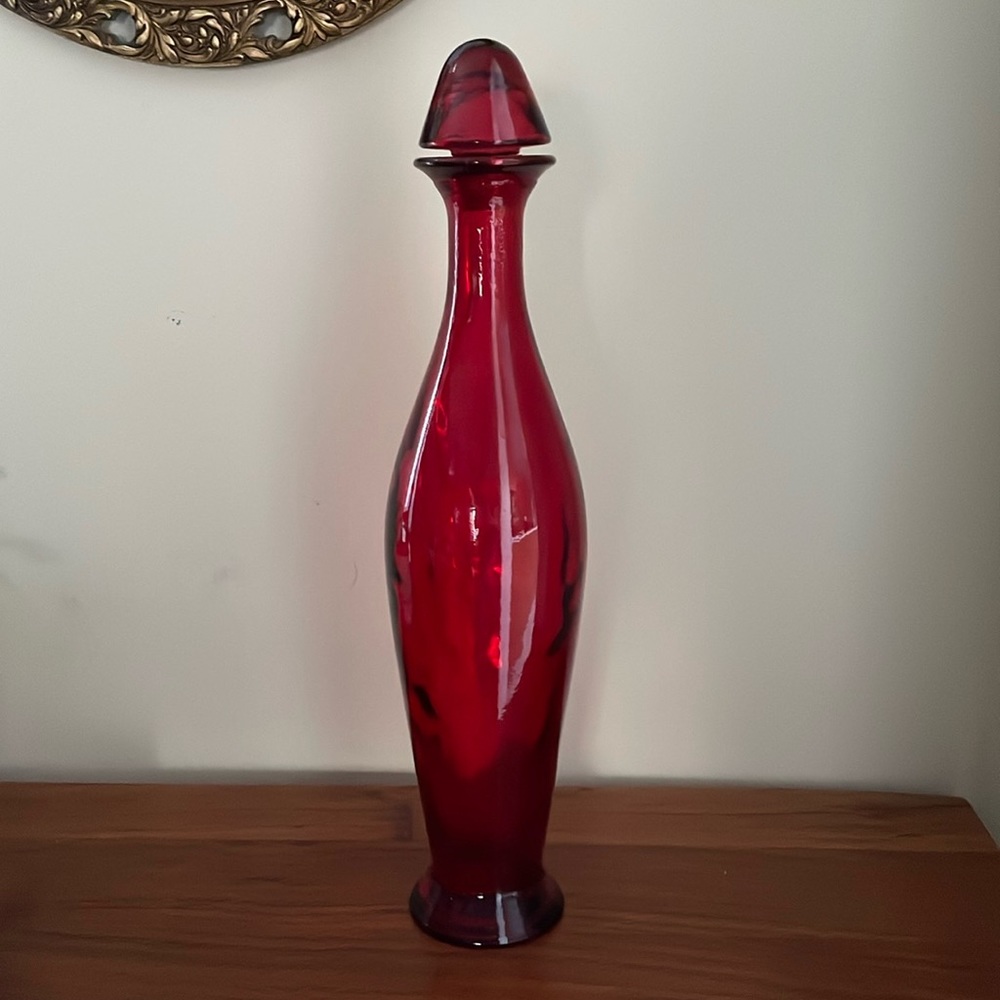 Pier 1 One tall red glass decanter vase genie bottle with stopper